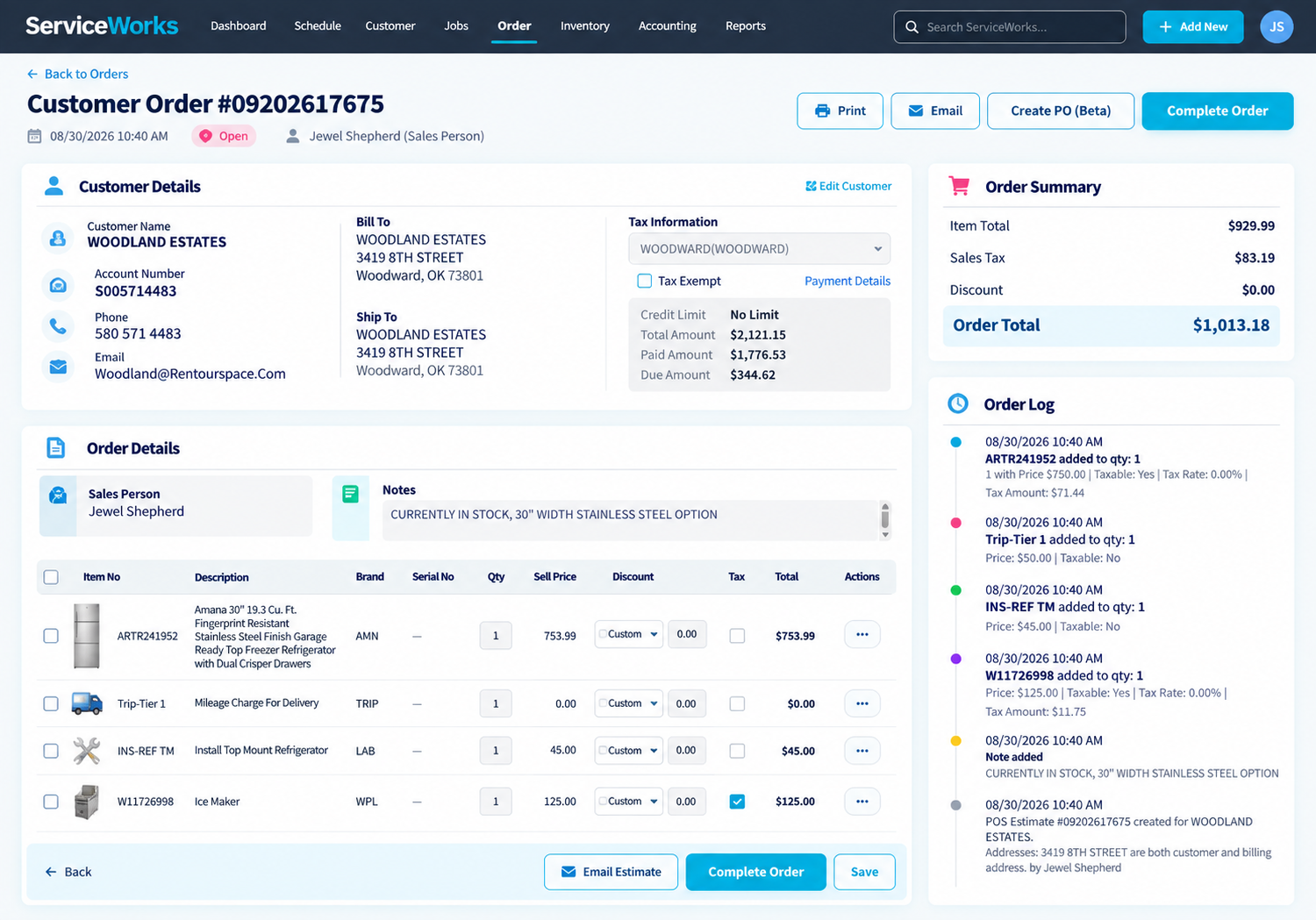 ServiceWorks point of sale order screen